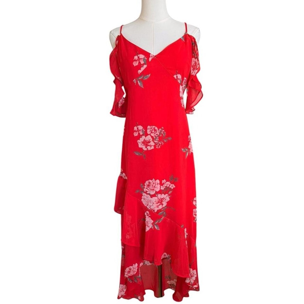 Speechless Red Floral Cold Shoulder High Low Ruffle Maxi Dress Size 7
